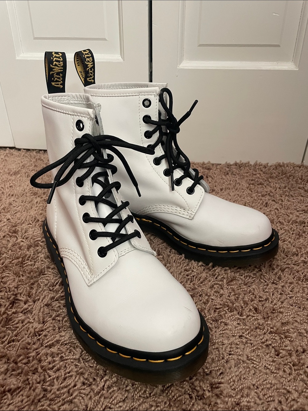 Dr. Martens White Leather Combat Boots with Black Laces